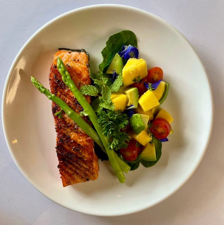 Grilled Salmon Mango Avocado Salad.