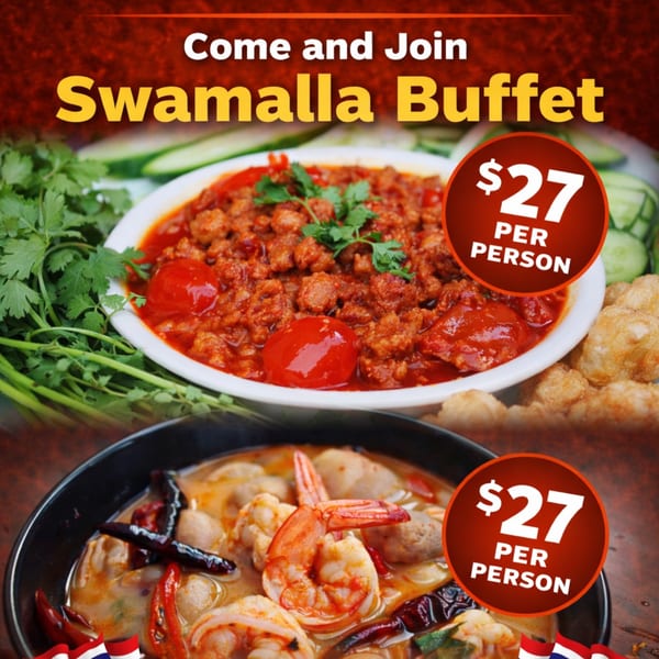 Two Thai dishes: a red curry with tomatoes and a Tom Yum soup with shrimp and meatballs.