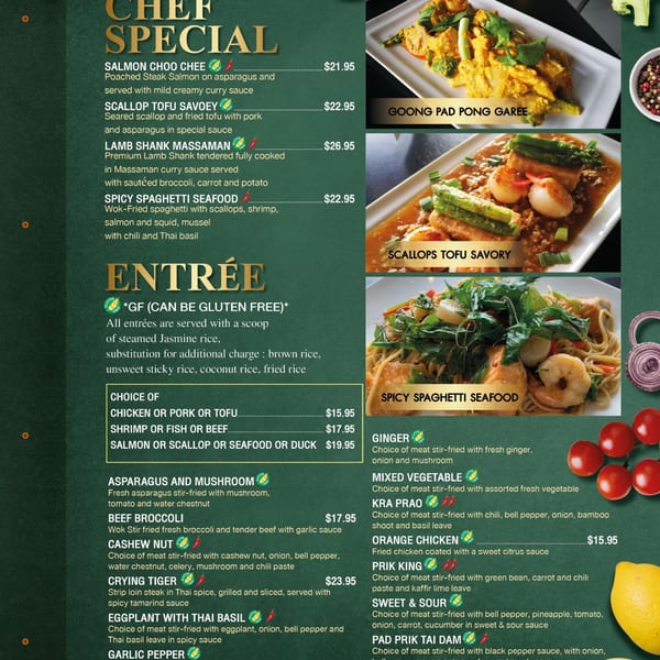 A restaurant menu with three images of Thai dishes: Goong Pad Pong Garee, Scallops Tofu Savory, and Spicy Spaghetti Seafood.