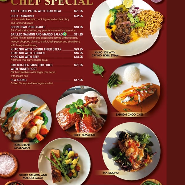 A vibrant menu displays various Thai dishes, including Khao Soi with Crying Tiger Steak and Duck Tamarind.