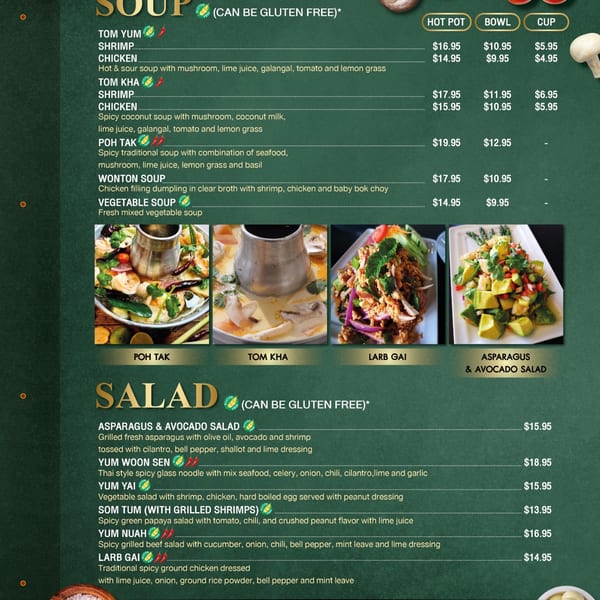 A restaurant menu displays various Thai soups and salads with prices, including images of four dishes.