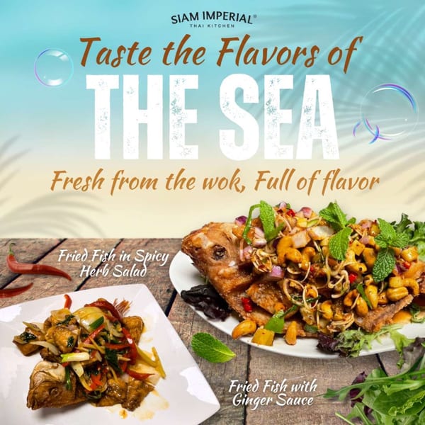 Two Thai fried fish dishes, one with spicy herb salad and the other with ginger sauce.
