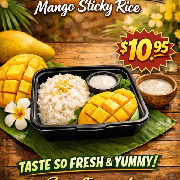 Siam Imperial Thai Kitchen's mango sticky rice with coconut sauce, fresh mango, and a frangipani flower.