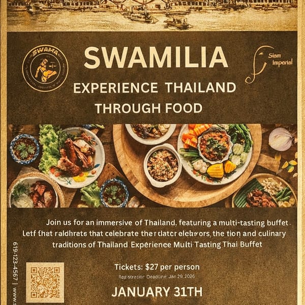A flyer for Siam Imperial Thai Kitchen's "Swamilia" event, featuring various Thai dishes.
