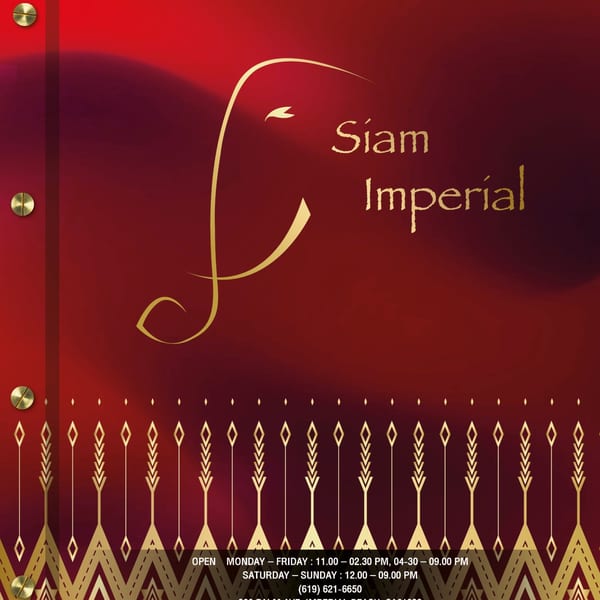 Siam Imperial restaurant logo on a red background with gold elephant motif and decorative patterns.