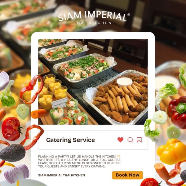 Siam Imperial Thai Kitchen catering spread with spring rolls, salads, mango, and fried appetizers.