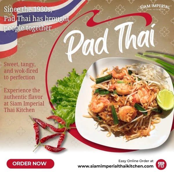 Siam Imperial Thai Kitchen's Pad Thai with shrimp, bean sprouts, and lime, alongside red chilies and lettuce.