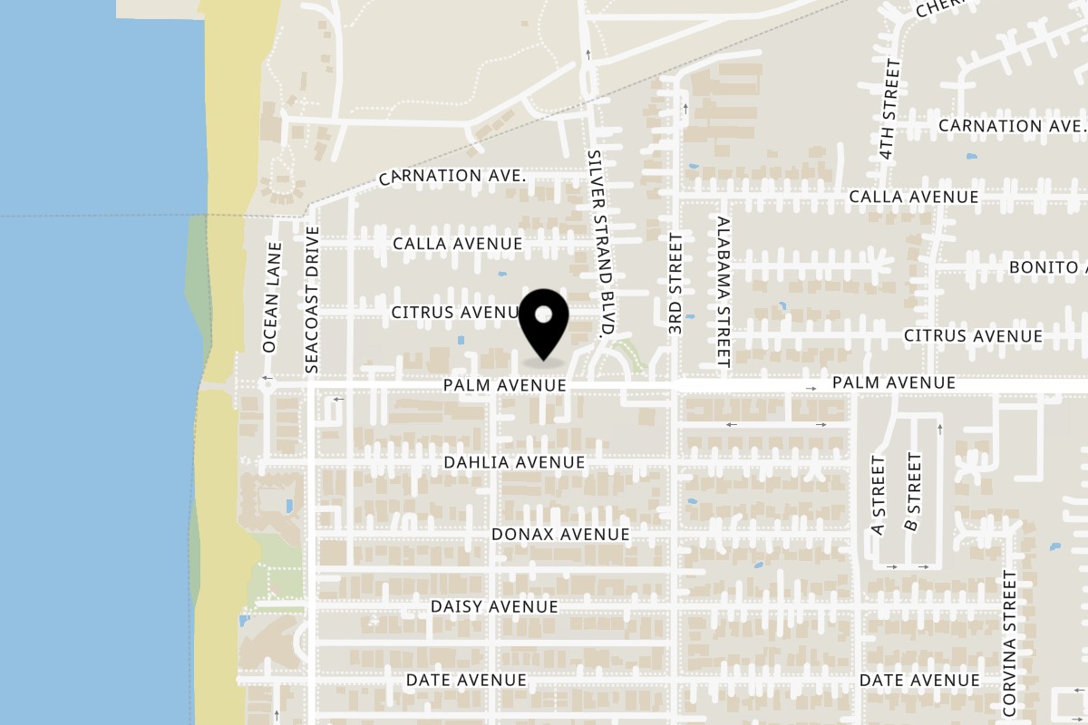 Map showing the location of Siam Imperial Thai Kitchen on 226 Palm Ave in Imperial Beach